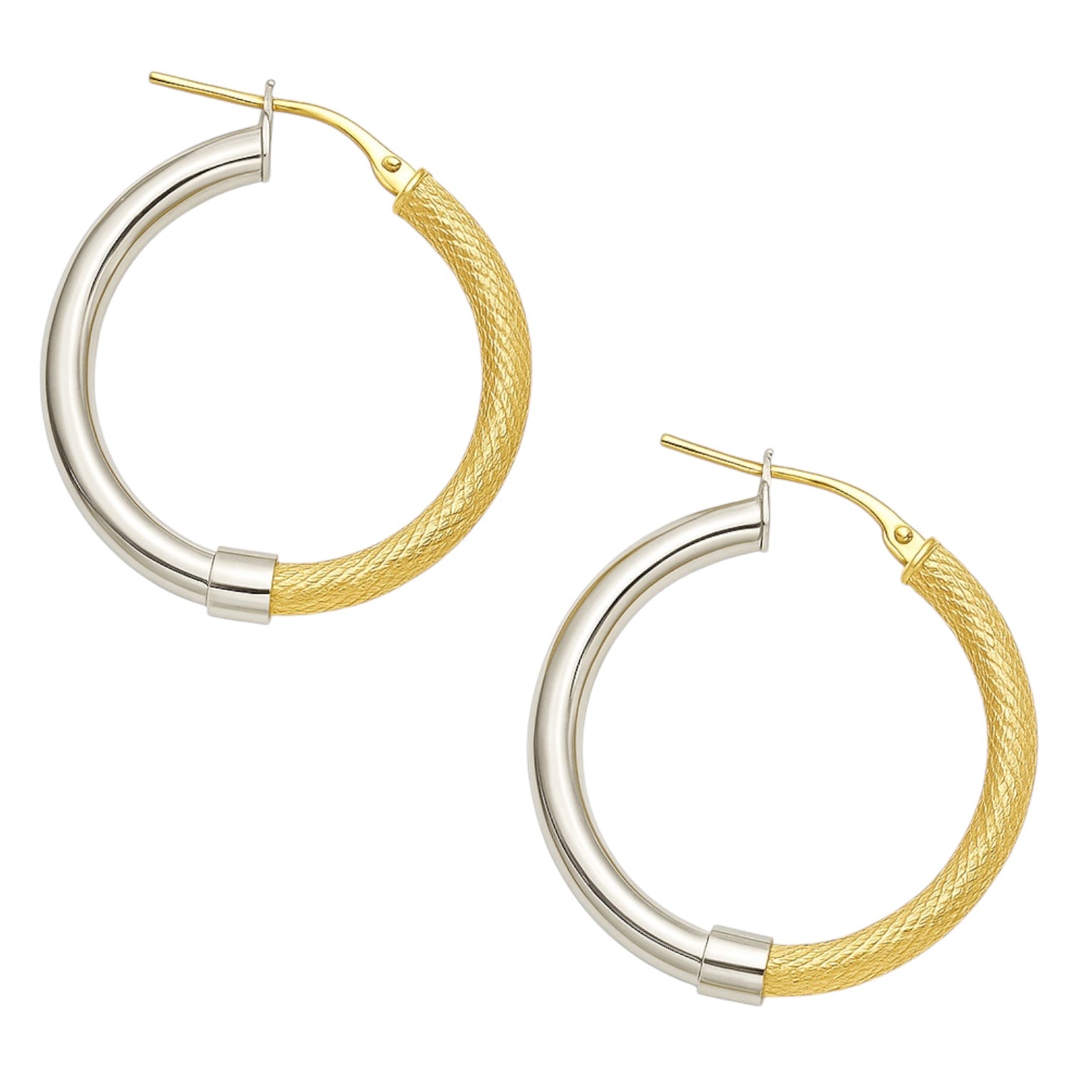 Sterling Silver Two Tone Textured Round Hoop Earrings