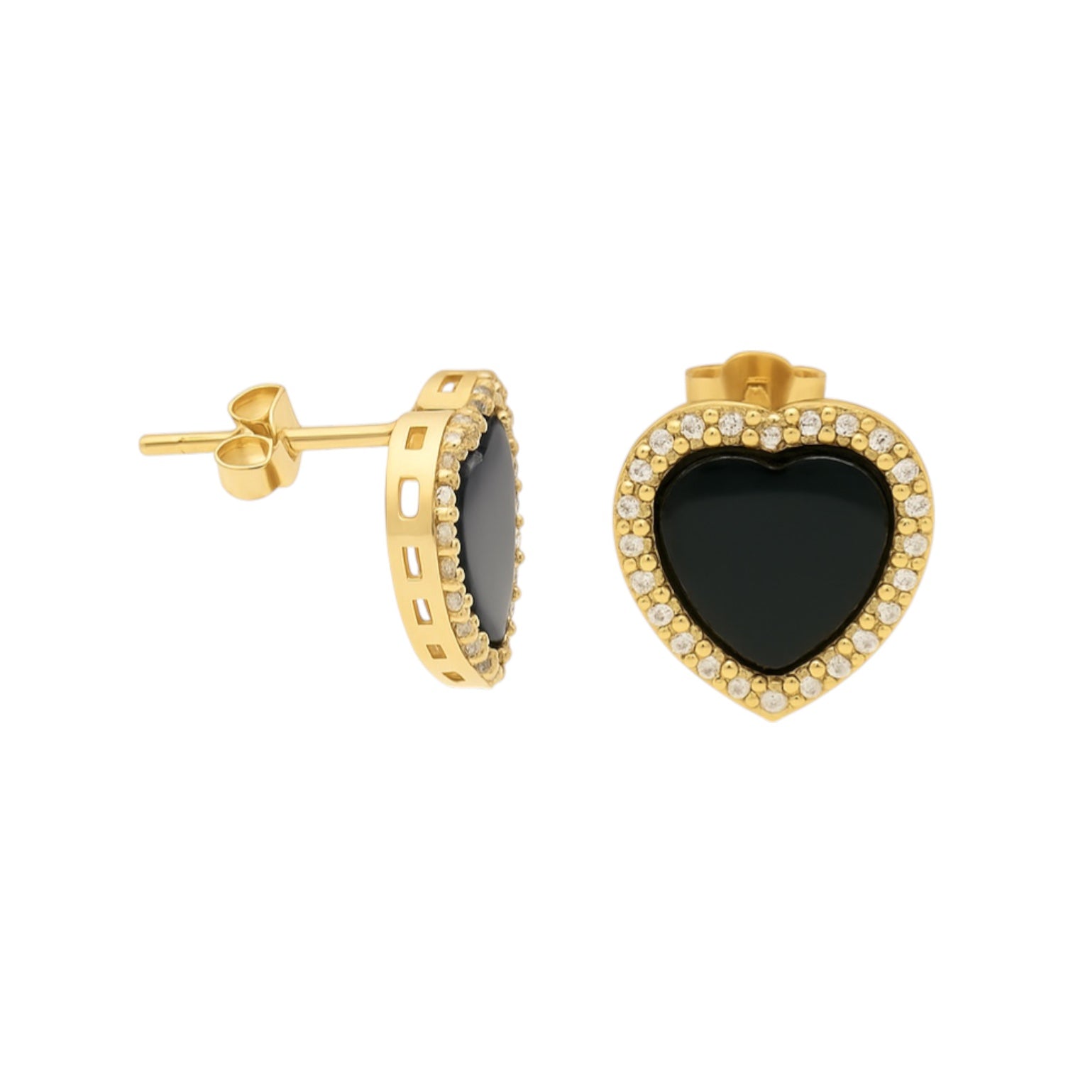 14K Yellow Gold Black Enamel CZ Heart Stud Earrings