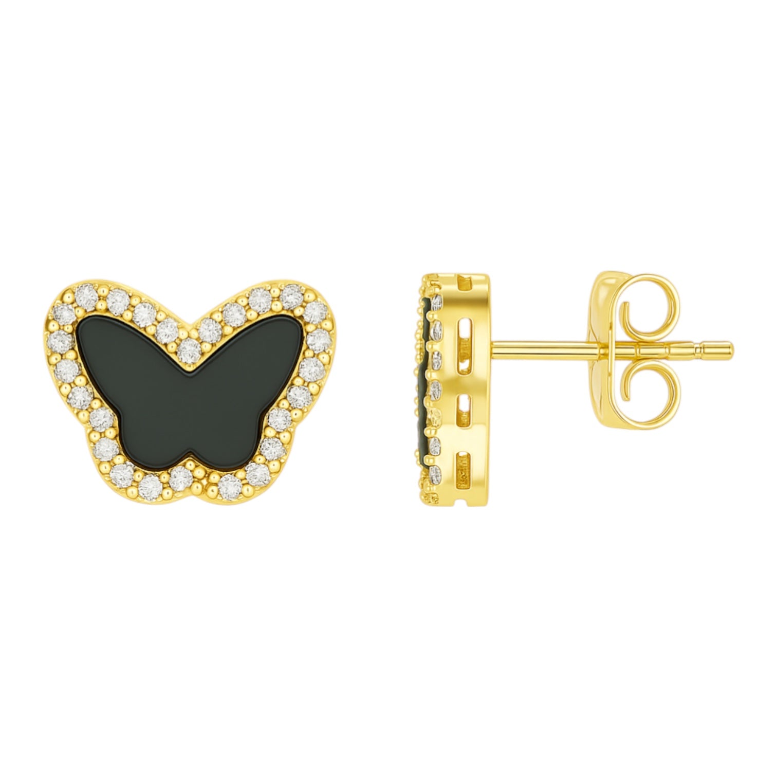 14K Yellow Gold Black Enamel CZ Butterfly Stud Earrings