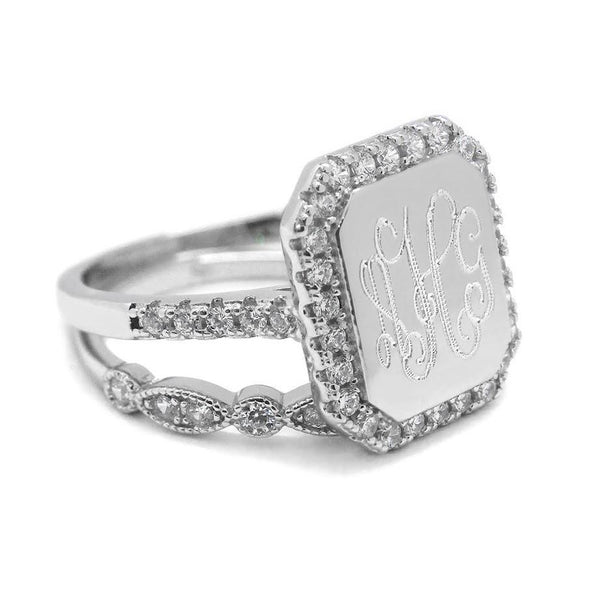 Elegant Engravable Avery Sterling Silver Retangular  CZ Ring with stackable decorative band - Atlanta Jewelers Supply