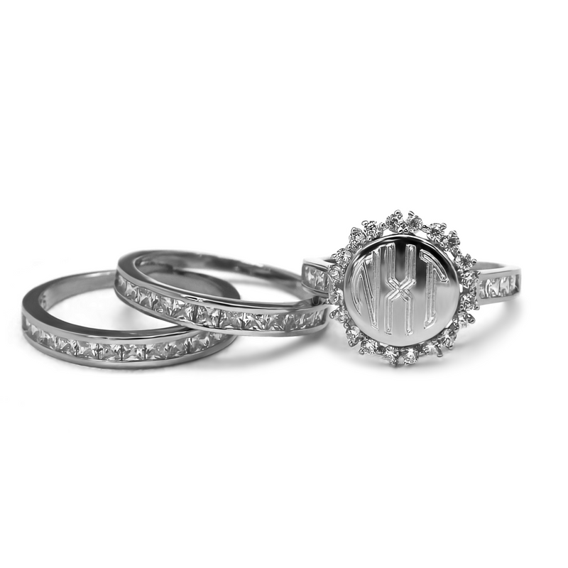 Sterling Silver 3 Band Flower CZ Engravable Ring