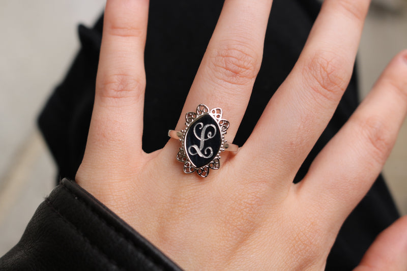 Sterling Silver Long Oval Flower Engravable Ring