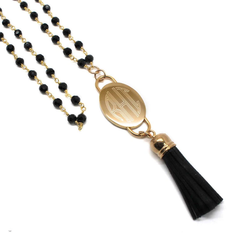 Fashion Engravable Tassel Black Crystal Bead Necklace - Atlanta Jewelers Supply