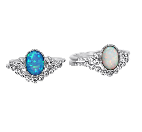 Sterling Silver Double Band CZ Opal Rings