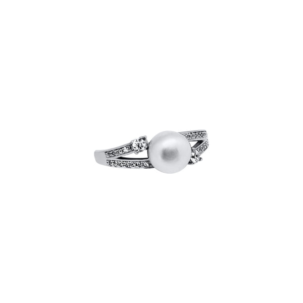 Sterling Silver Pearl Open Band Cz Ring