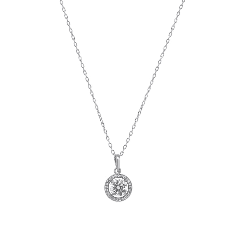 Sterling Silver 4 Prong Round Moissanite W/ Border Necklace