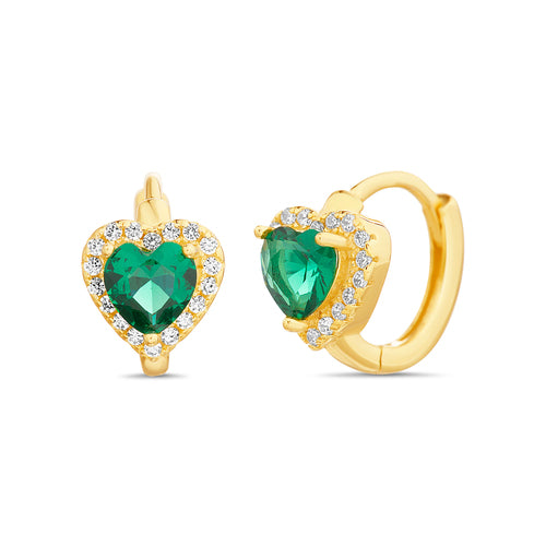 Sterling Silver Gold Emerald Heart CZ w/ CZ Border Huggie