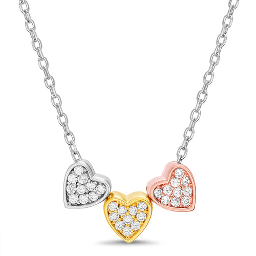 Sterling Silver Tri Color CZ Pave Heart Dangle Necklace