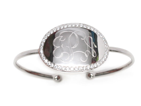 Engraved White Copper Oval Sparkling CZ Stone Cuff Bracelet - Atlanta Jewelers Supply