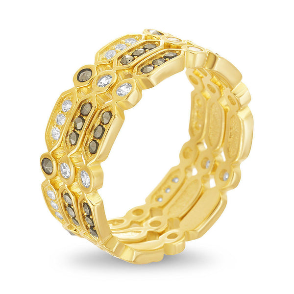 GOLD MARCASITE/CZ BAR/CIRCLE DESIGN LINK TRIO STACKABLE RING SET - Atlanta Jewelers Supply