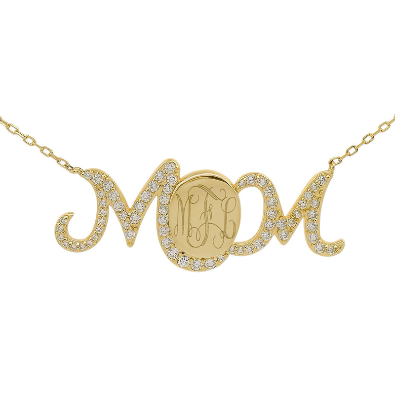 Sterling Silver Engravable Cursive Mom CZ Necklace