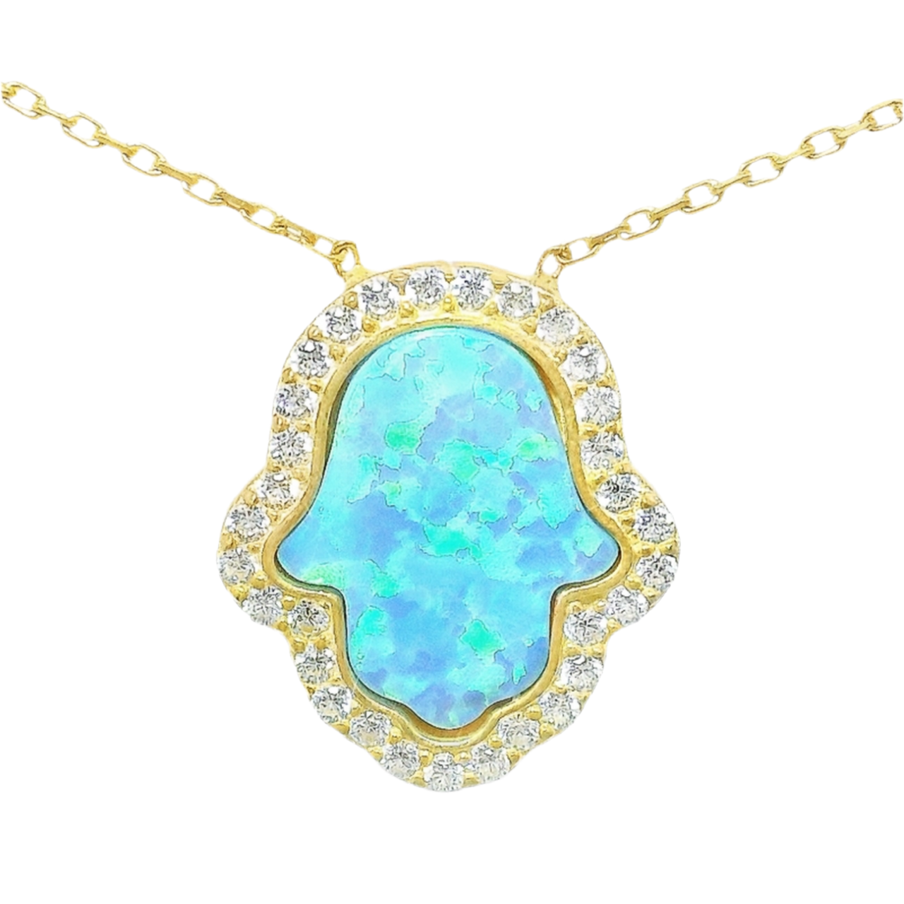 Sterling Silver Blue Opal Hamsa Hand CZ Border Necklace