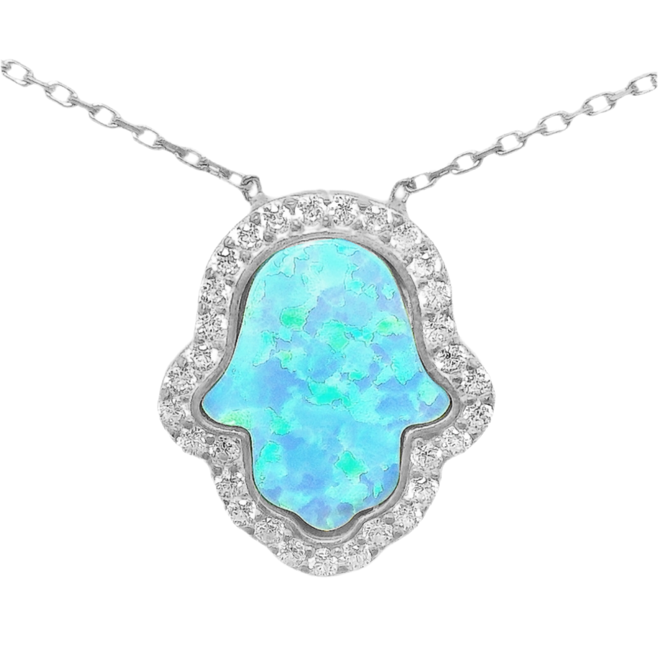 Sterling Silver Blue Opal Hamsa Hand CZ Border Necklace