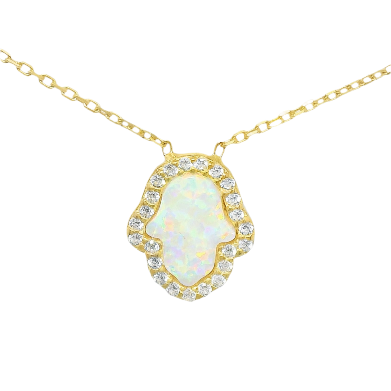 Sterling Silver White Opal Hamsa Hand CZ Border Necklace