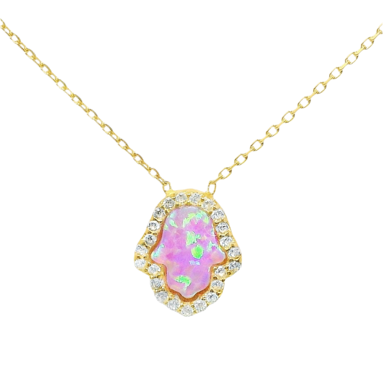 Sterling Silver Pink Opal Hamsa Hand CZ Border Necklace