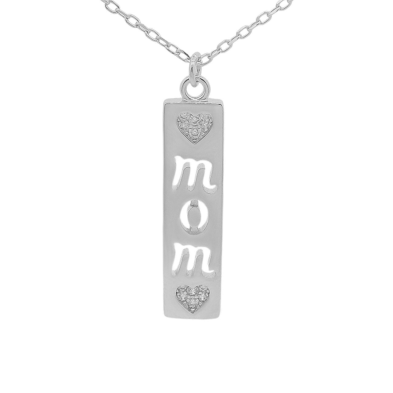 Sterling Silver Rectangle Pendant W/ Cut-Out "MOM" CZ Hearts Necklace