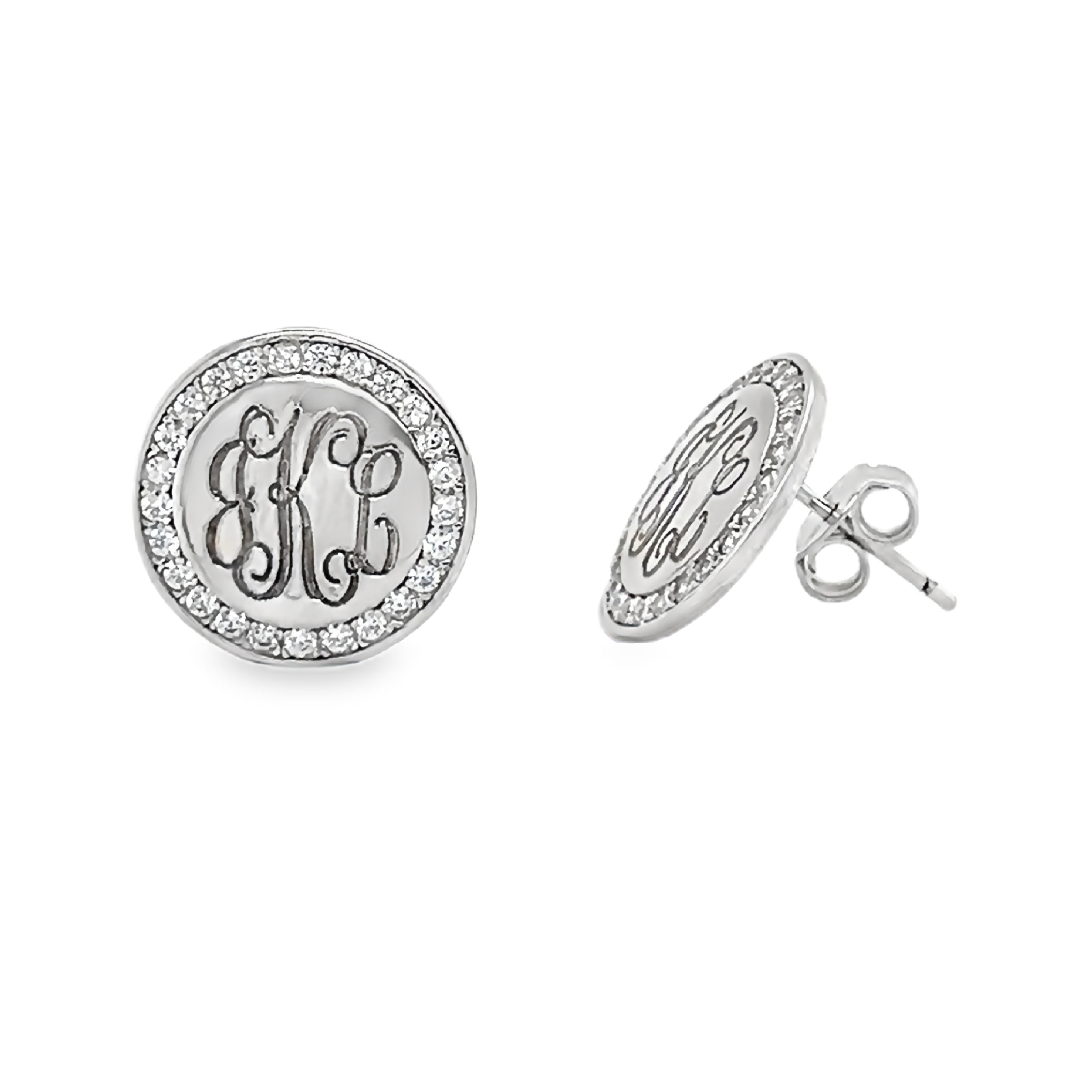 Sterling Silver Engravable CZ Round Stud Earrings