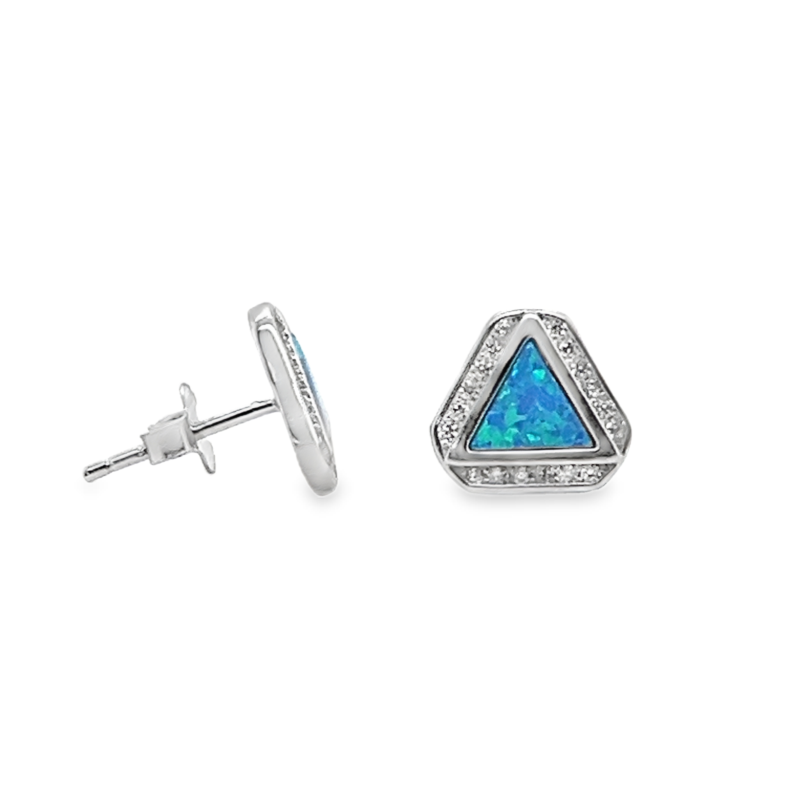Sterling Silver CZ Blue Opal Triangle Stud Earrings