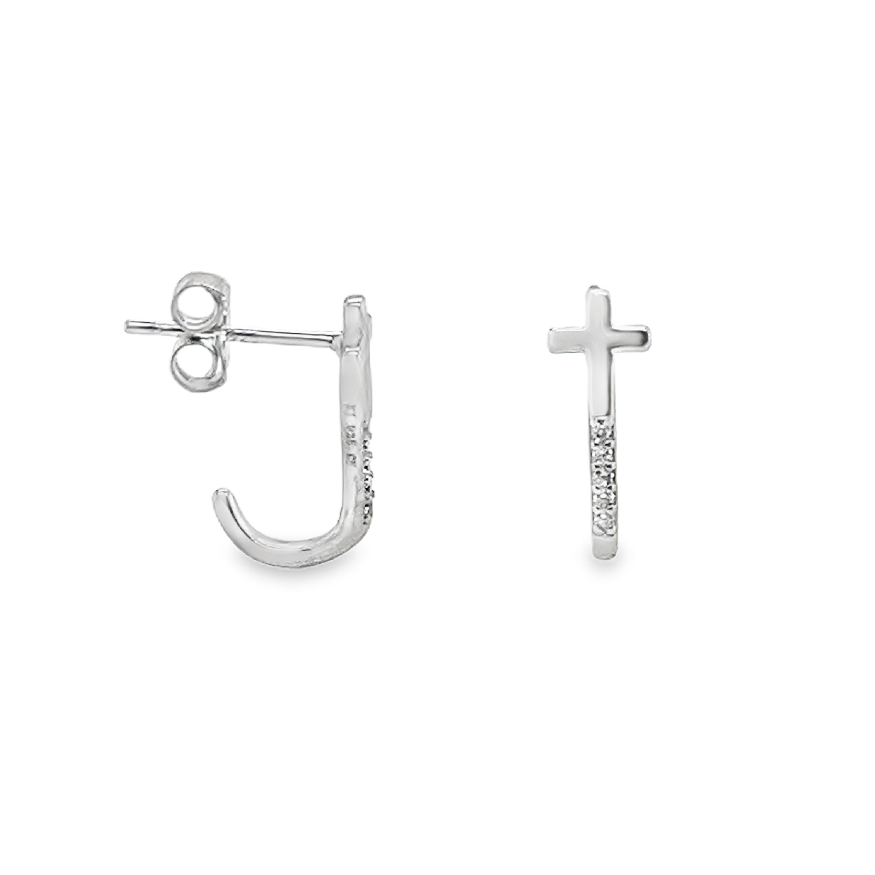 Sterling Silver Plain/CZ Cross Open Huggie Earrings