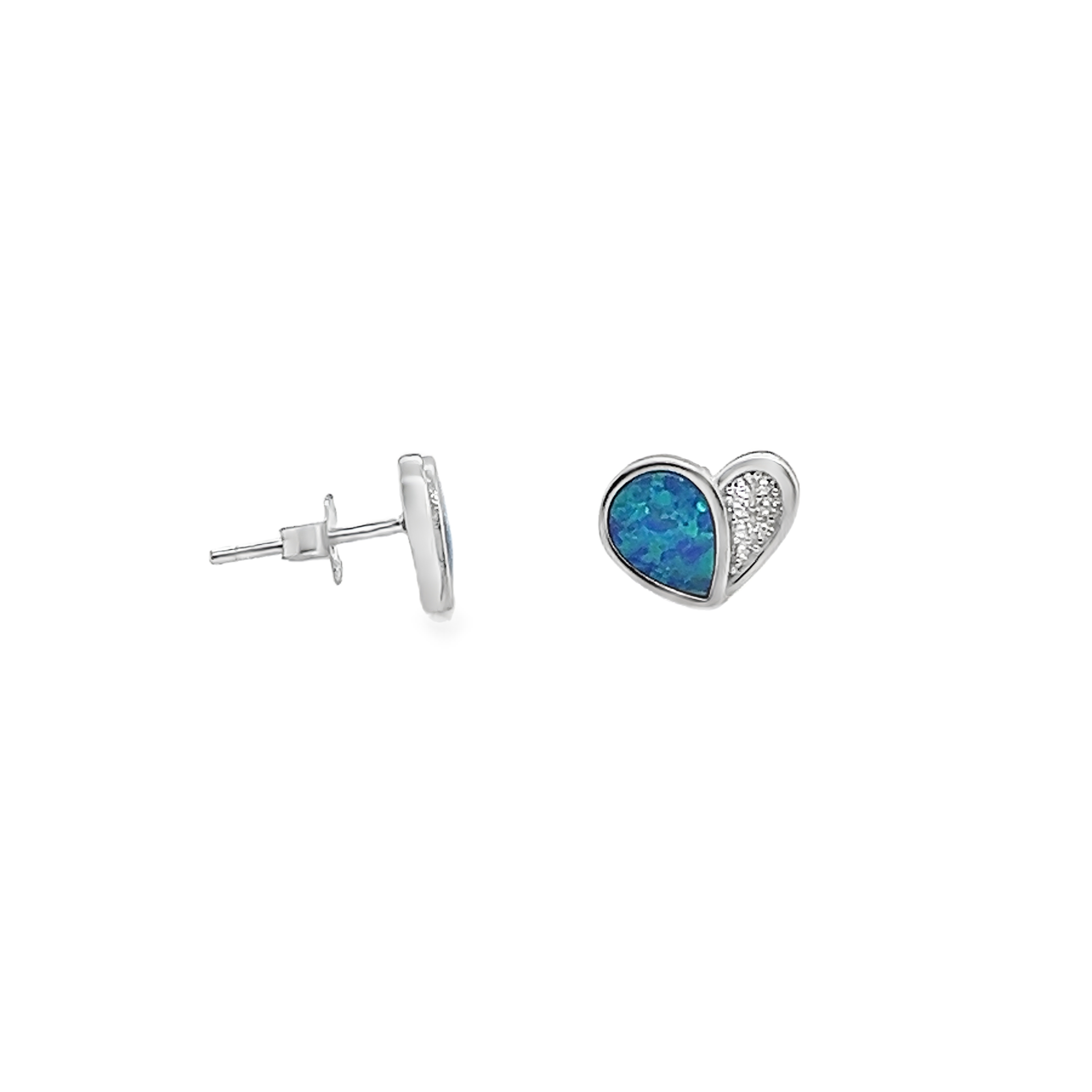 Sterling Silver CZ Blue Opal Heart Stud Earrings