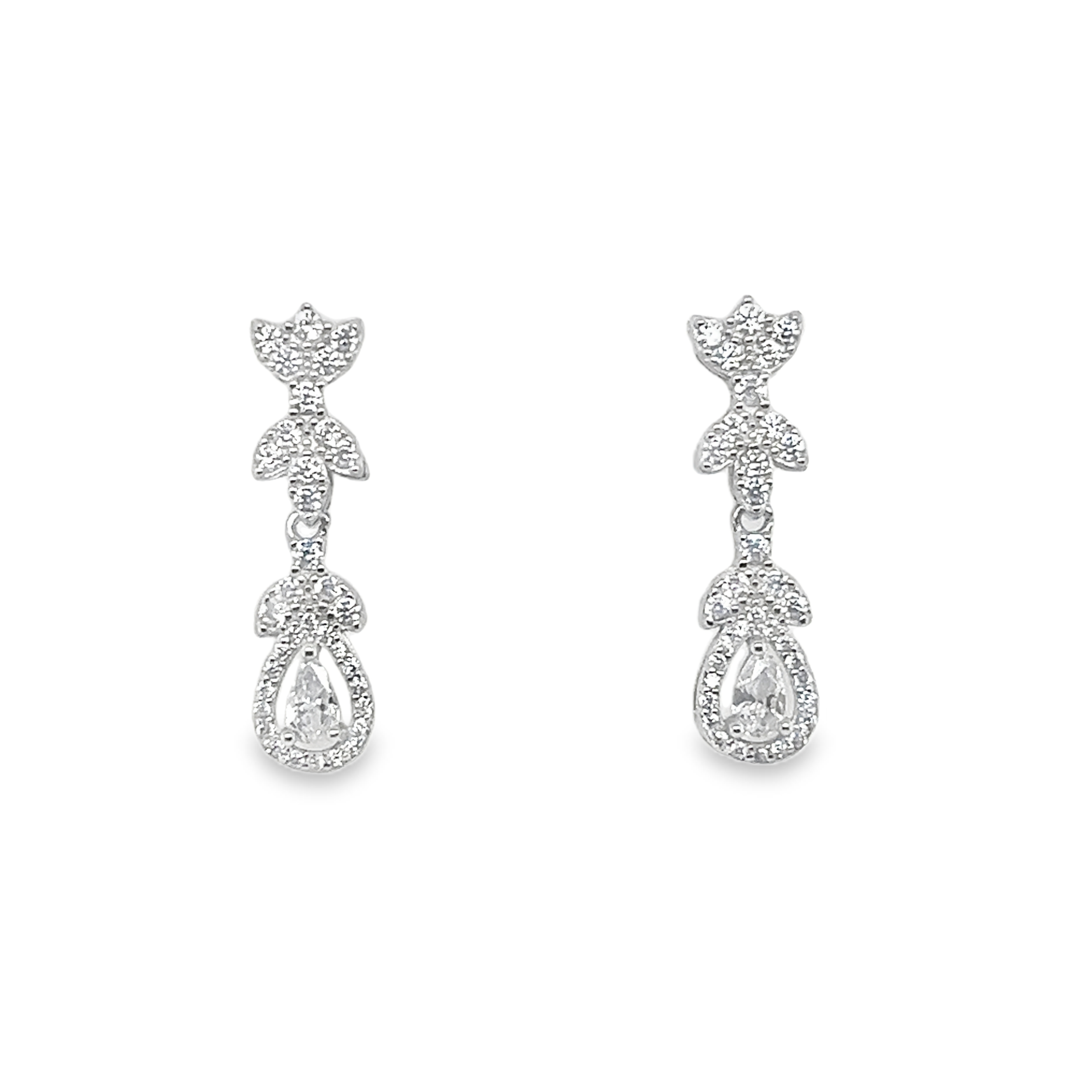 Sterling Silver CZ Dangling Teardrop Halo Post Earrings
