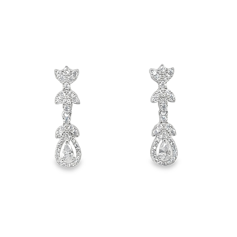 Sterling Silver CZ Dangling Teardrop Halo Post Earrings