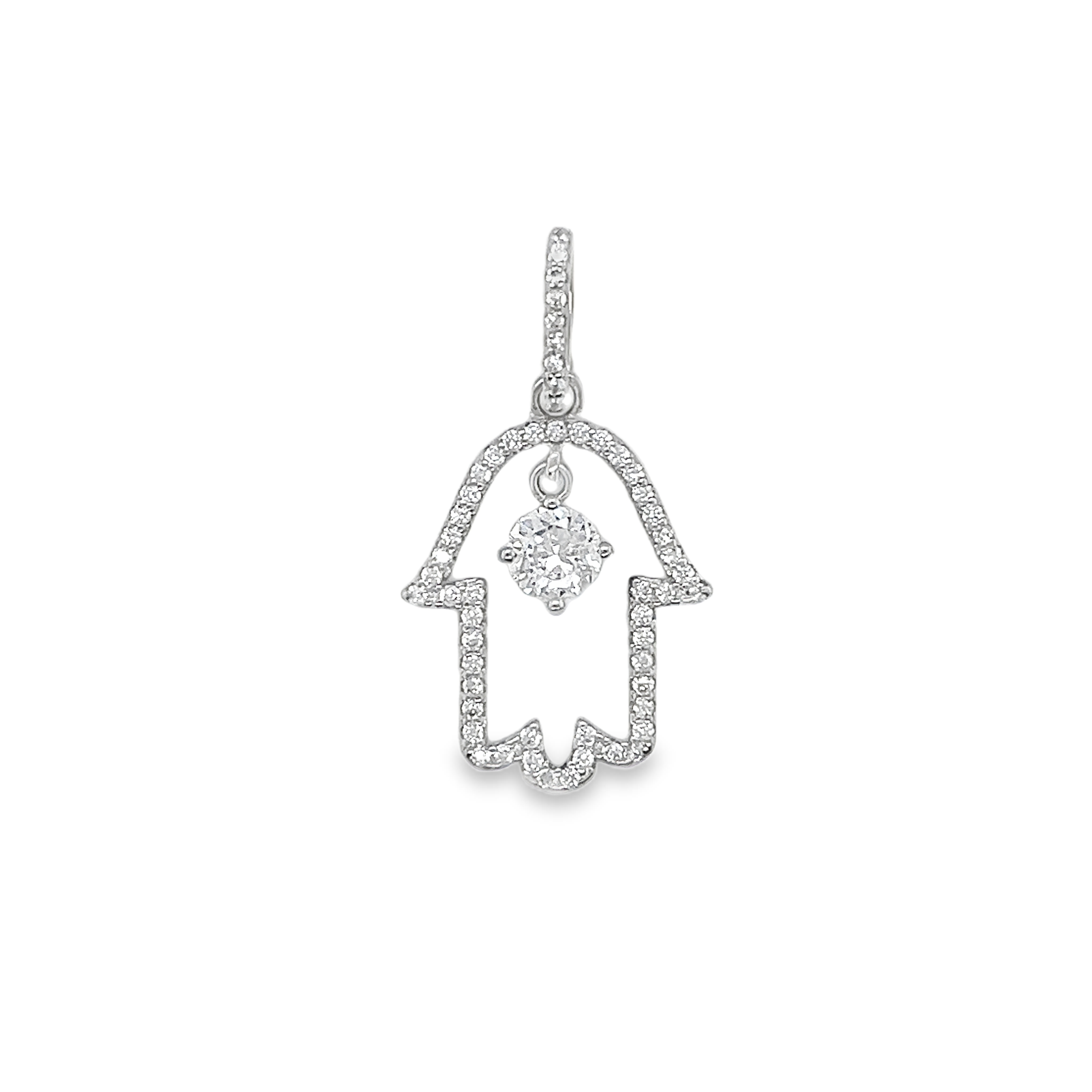 Sterling Silver CZ Cut-Out Hamsa Hand Pendant