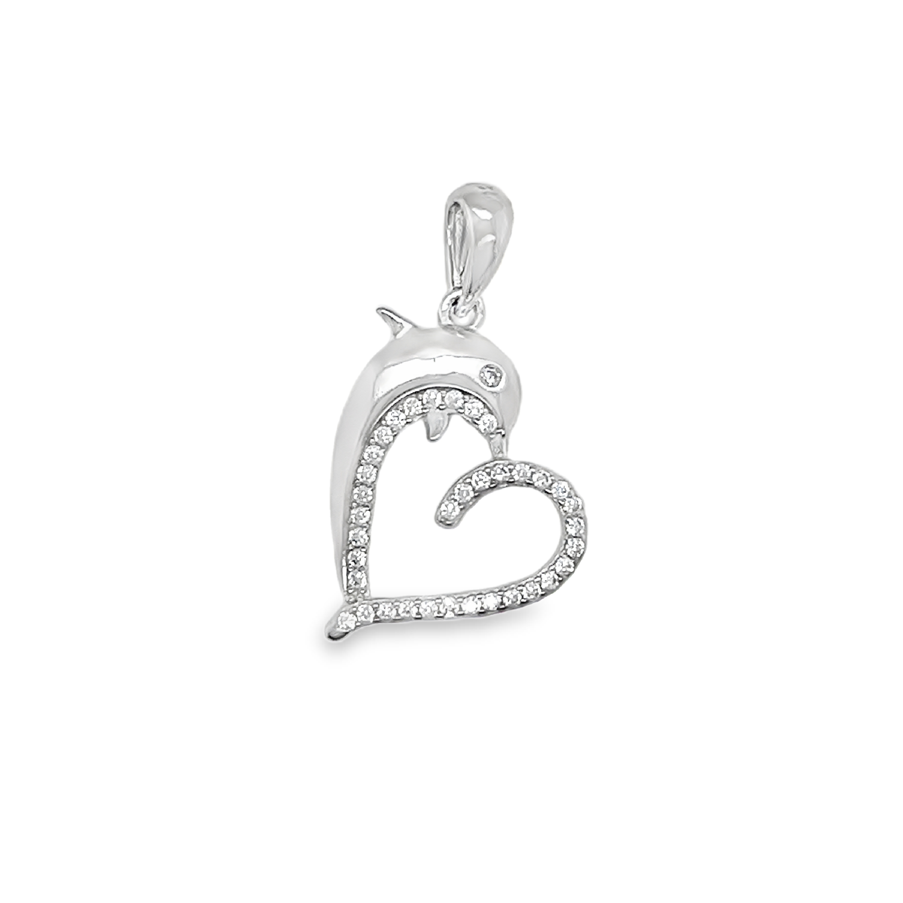 Sterling Silver CZ Heart W/ Dolphin Pendant
