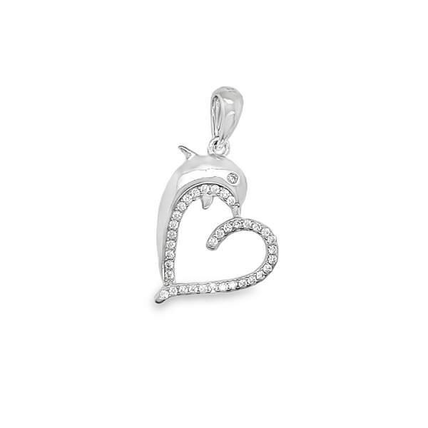 Sterling Silver CZ Heart W/ Dolphin Pendant