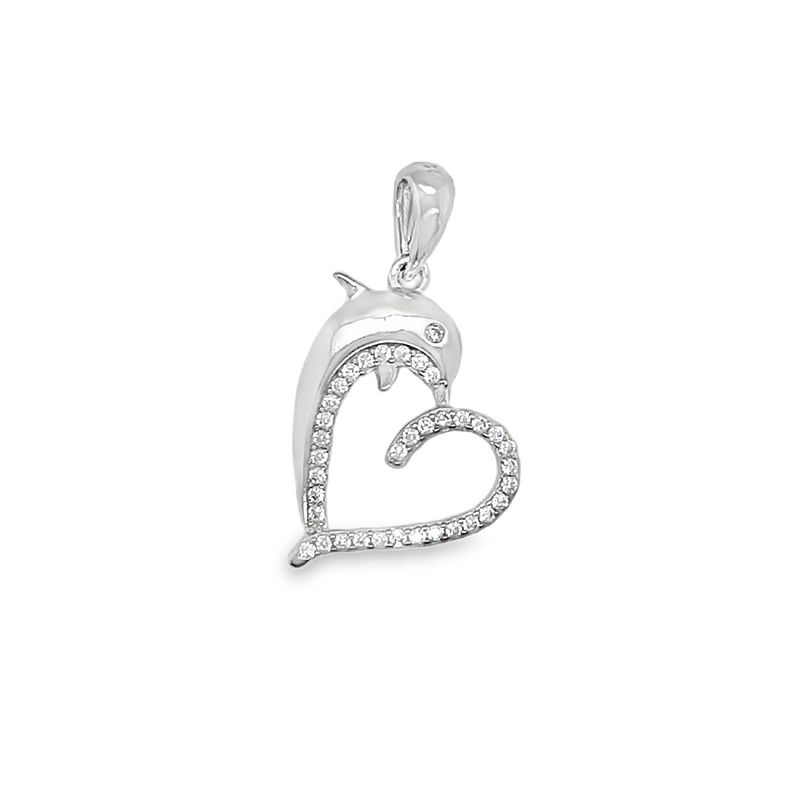 Sterling Silver CZ Heart W/ Dolphin Pendant