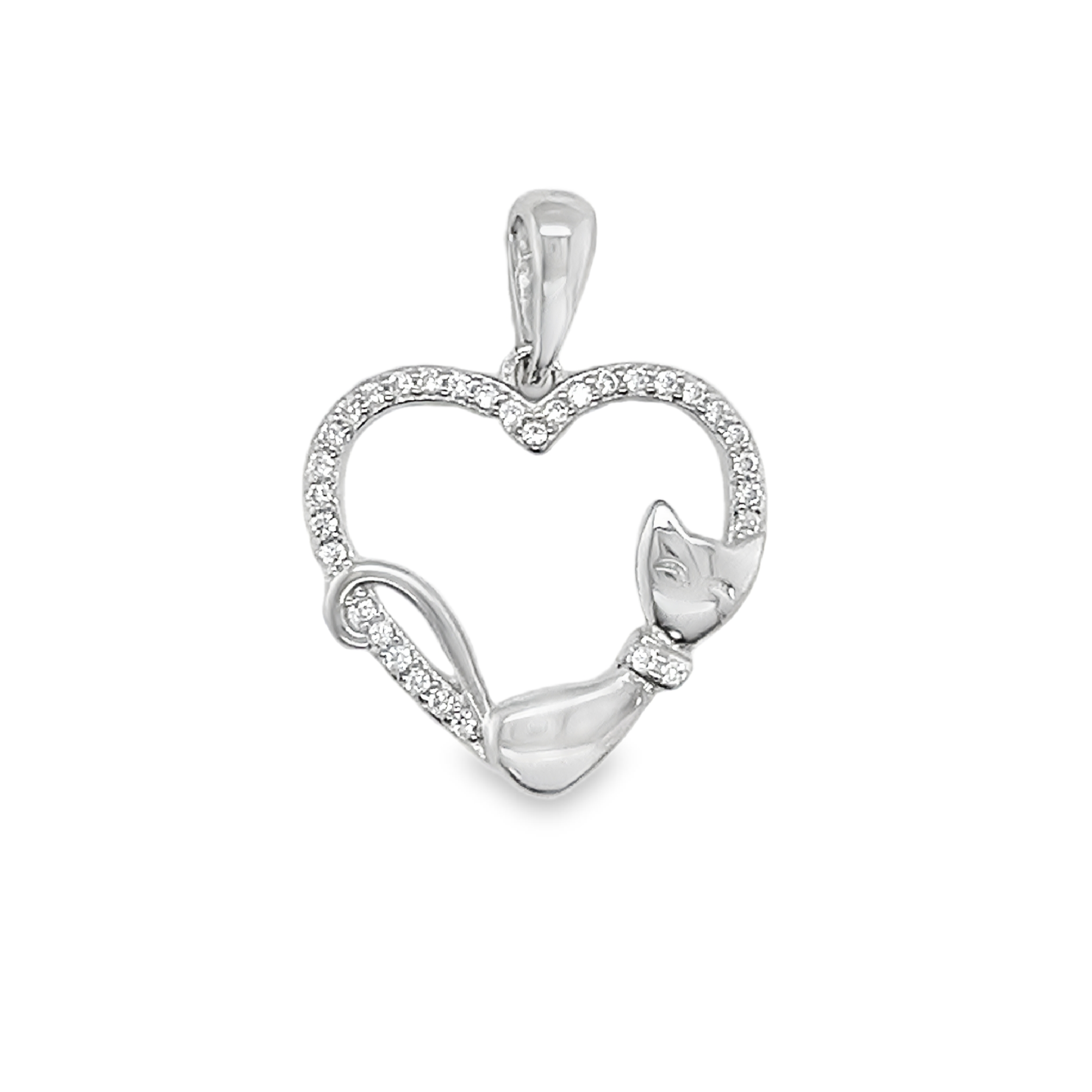 Sterling Silver CZ Heart W/ Cat Pendant