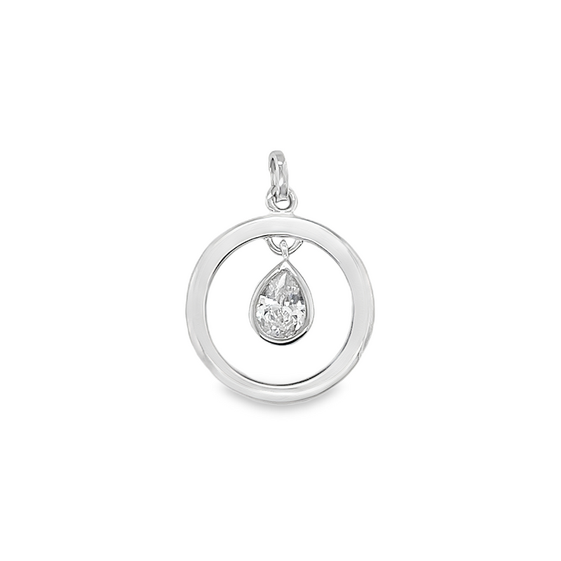 Sterling Silver Plain Circle W/ Dangling CZ Teardrop Pendant