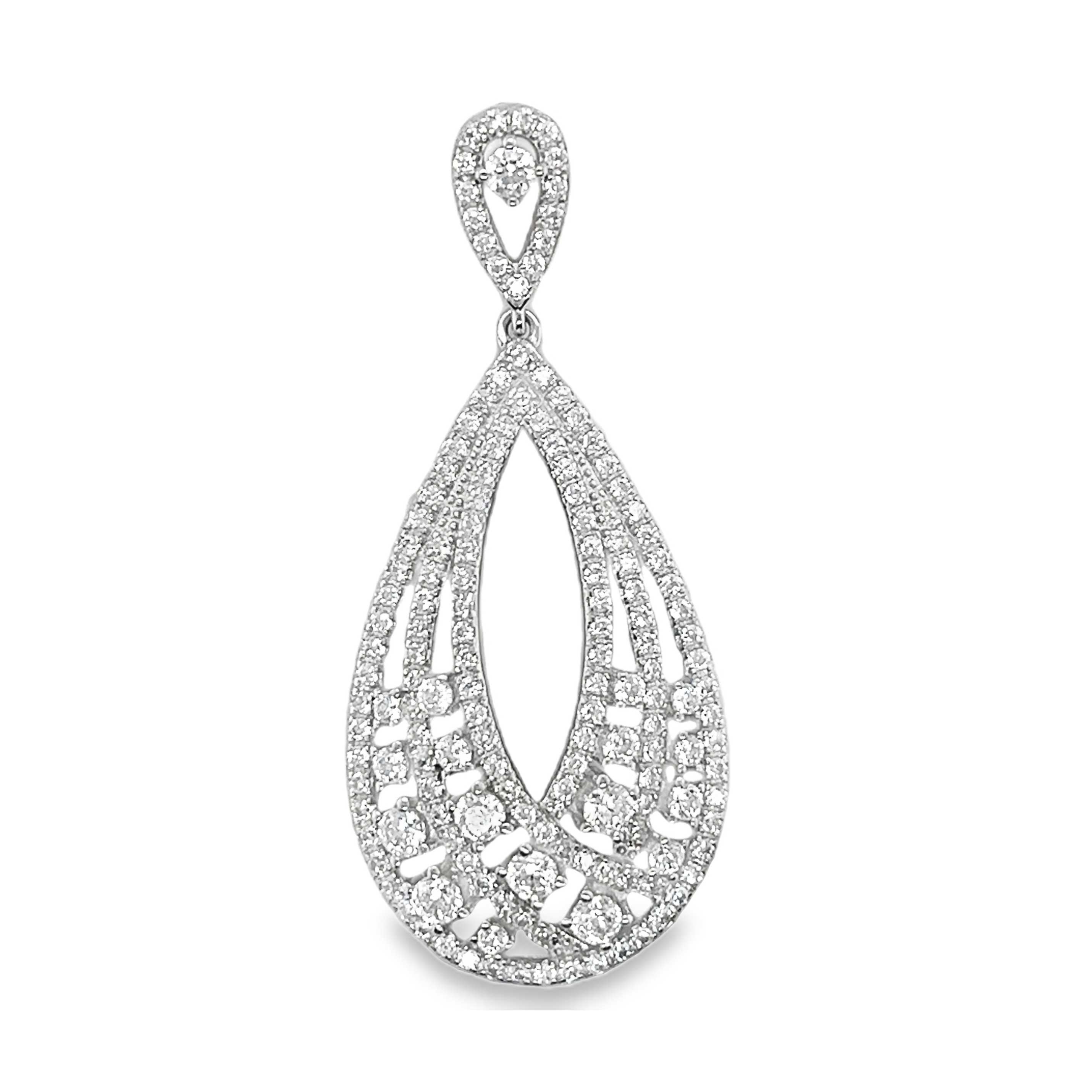 Sterling Silver Decorative Elegant CZ Large Teardrop Pendant