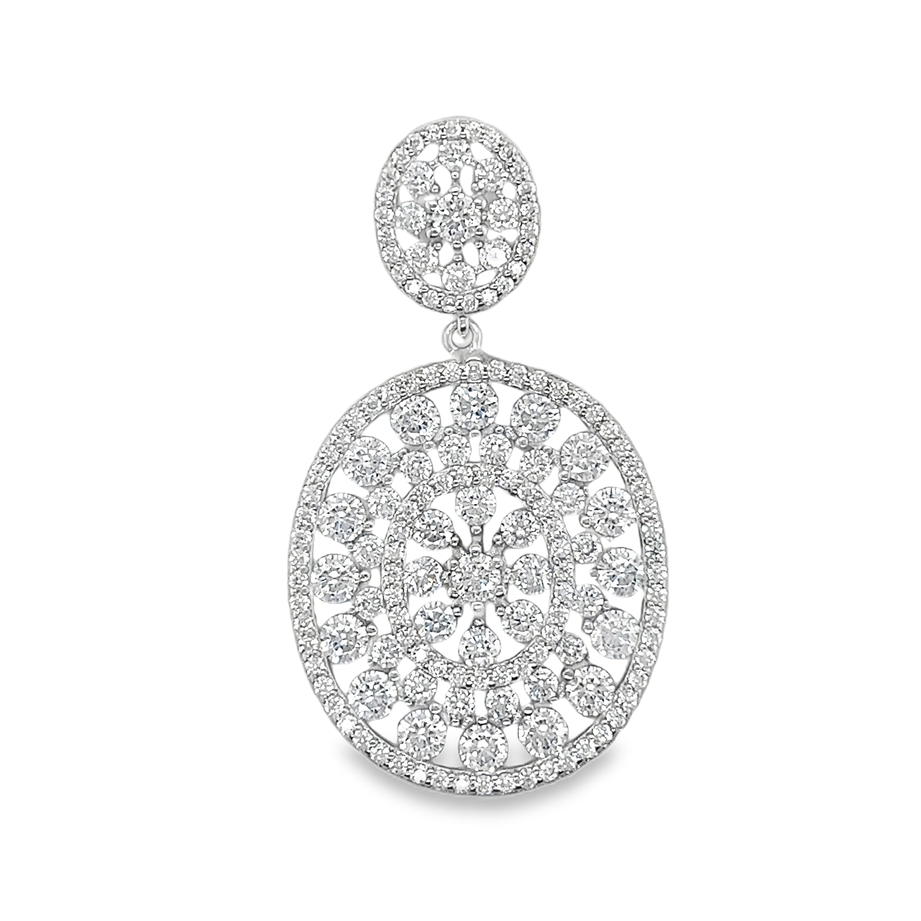Sterling Silver Decorative Elegant CZ Large Oval Pendant