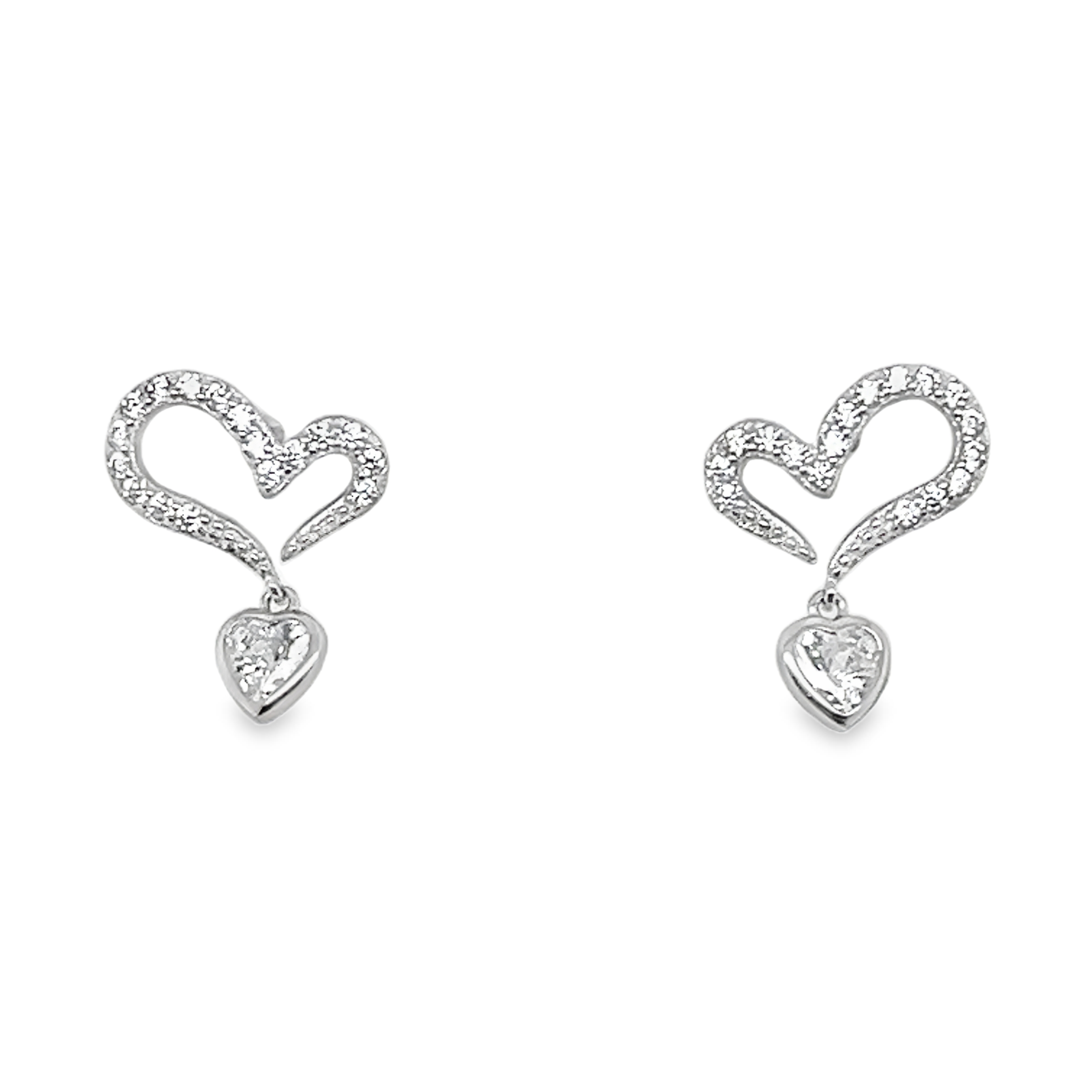 Sterling Silver CZ Open Heart W/ Dangling Heart Stud Earrings