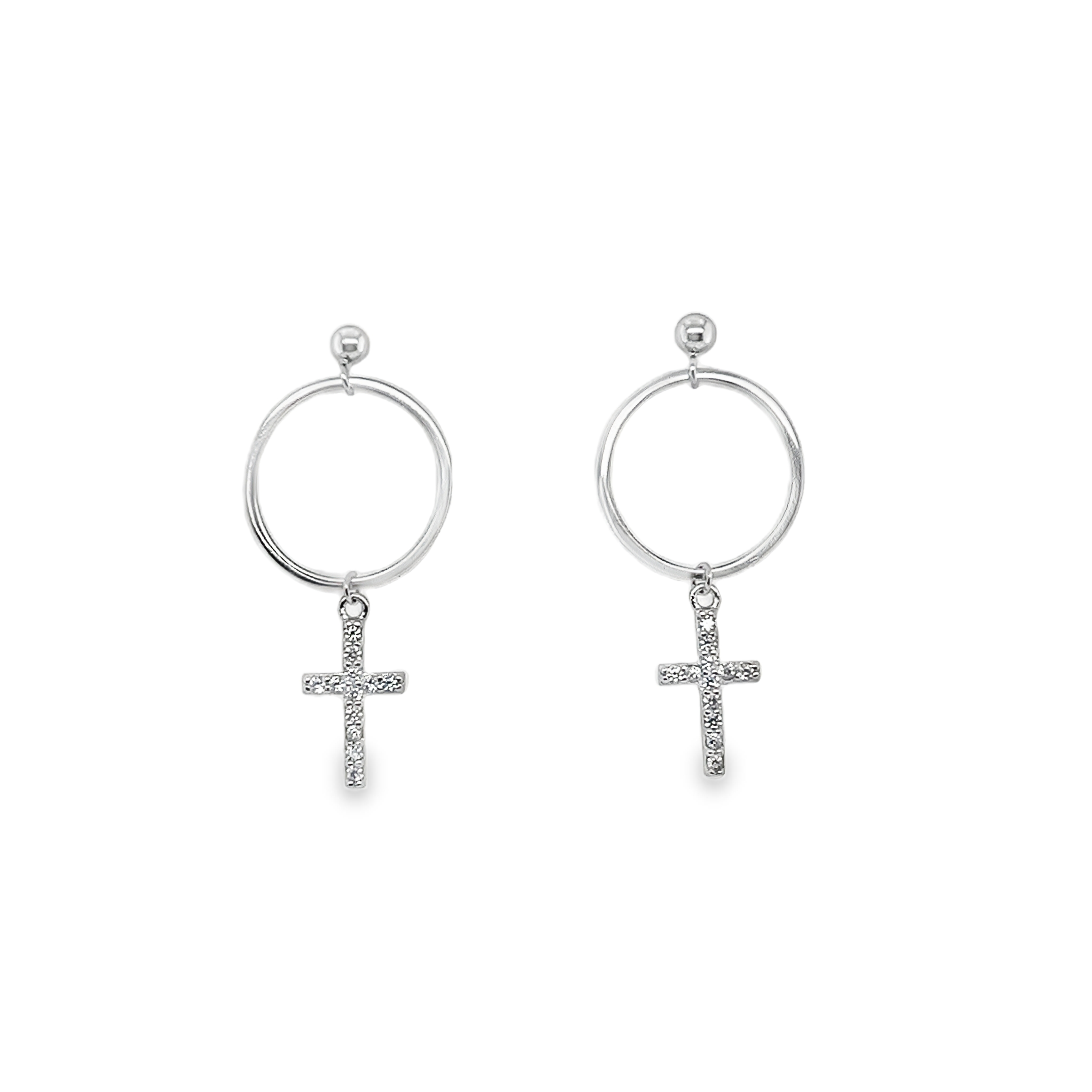 Sterling Silver Open Circle W/ Dangling CZ Cross Earrings