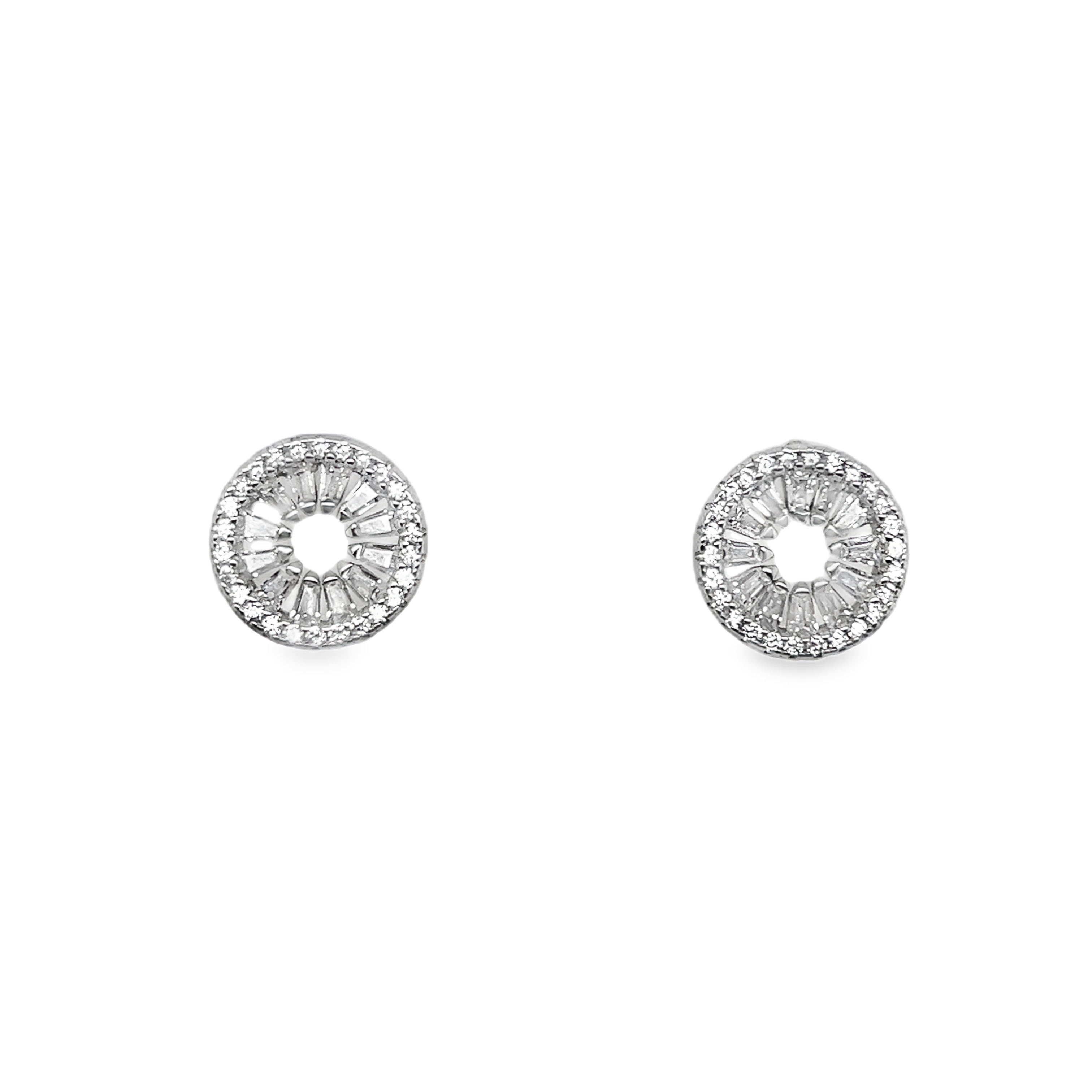 Sterling Silver CZ Baguette Round Halo Stud Earrings
