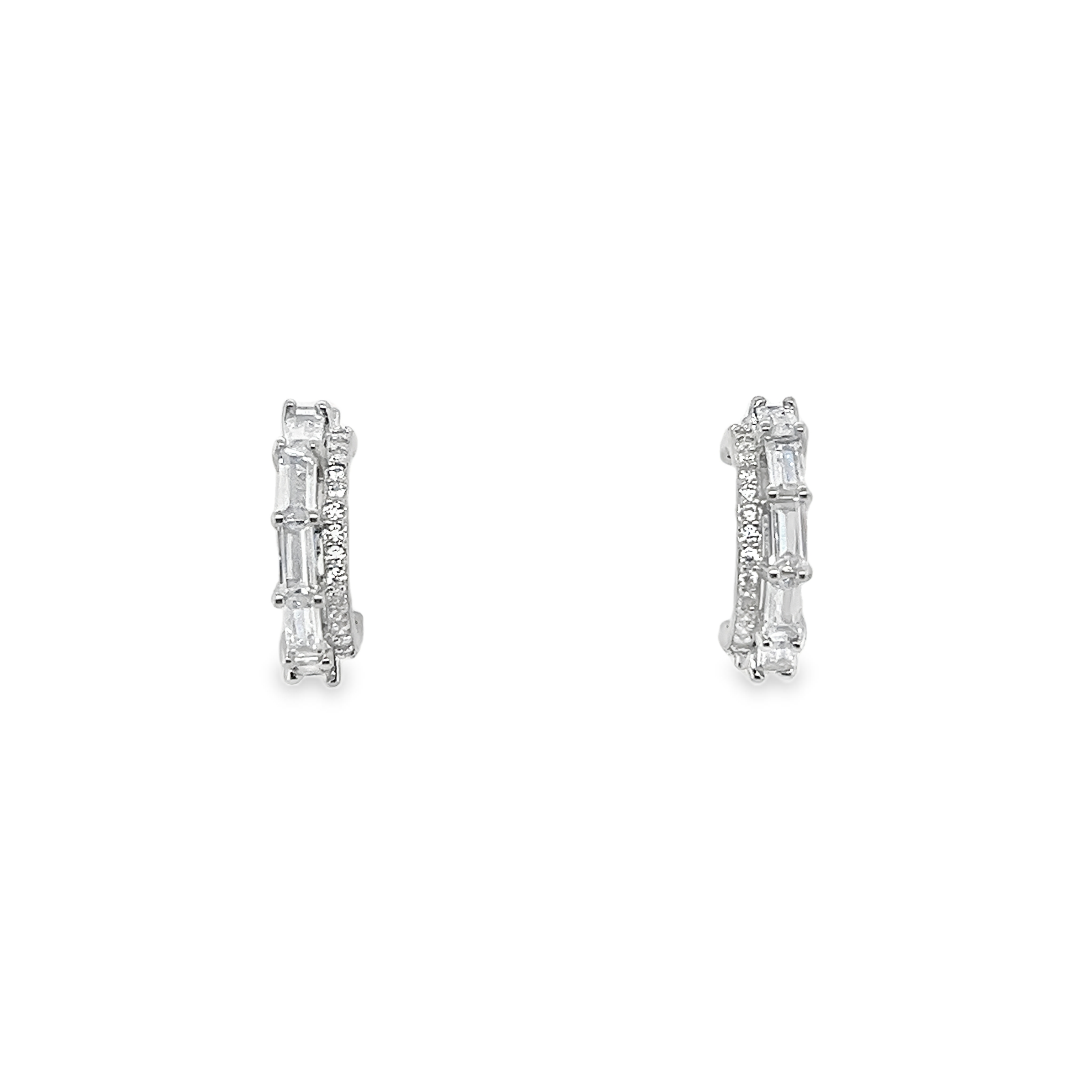 Sterling Silver CZ Baguette & Round Pave Open Huggie Earrings
