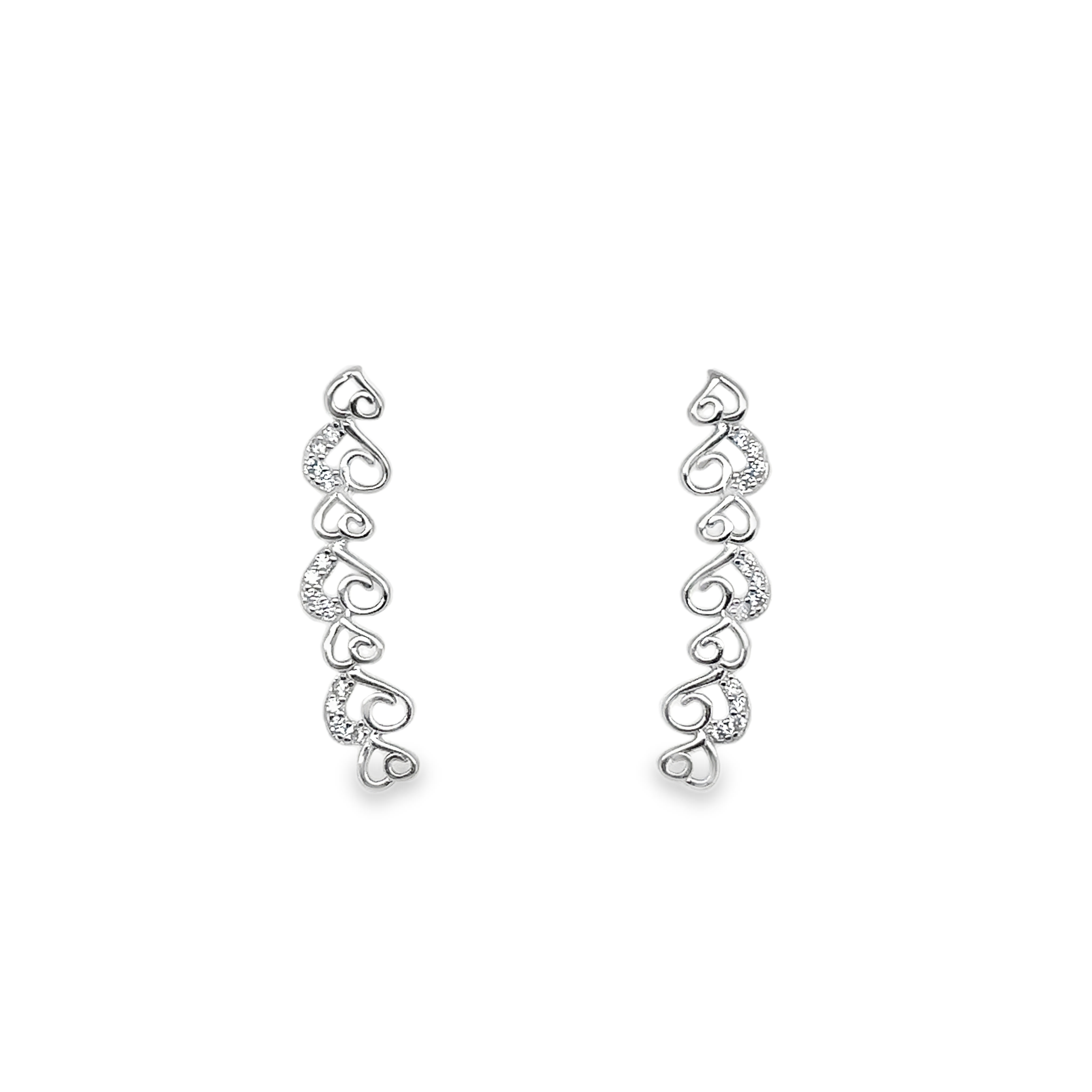 Sterling Silver Linked CZ & Plain Heart Post Earrings