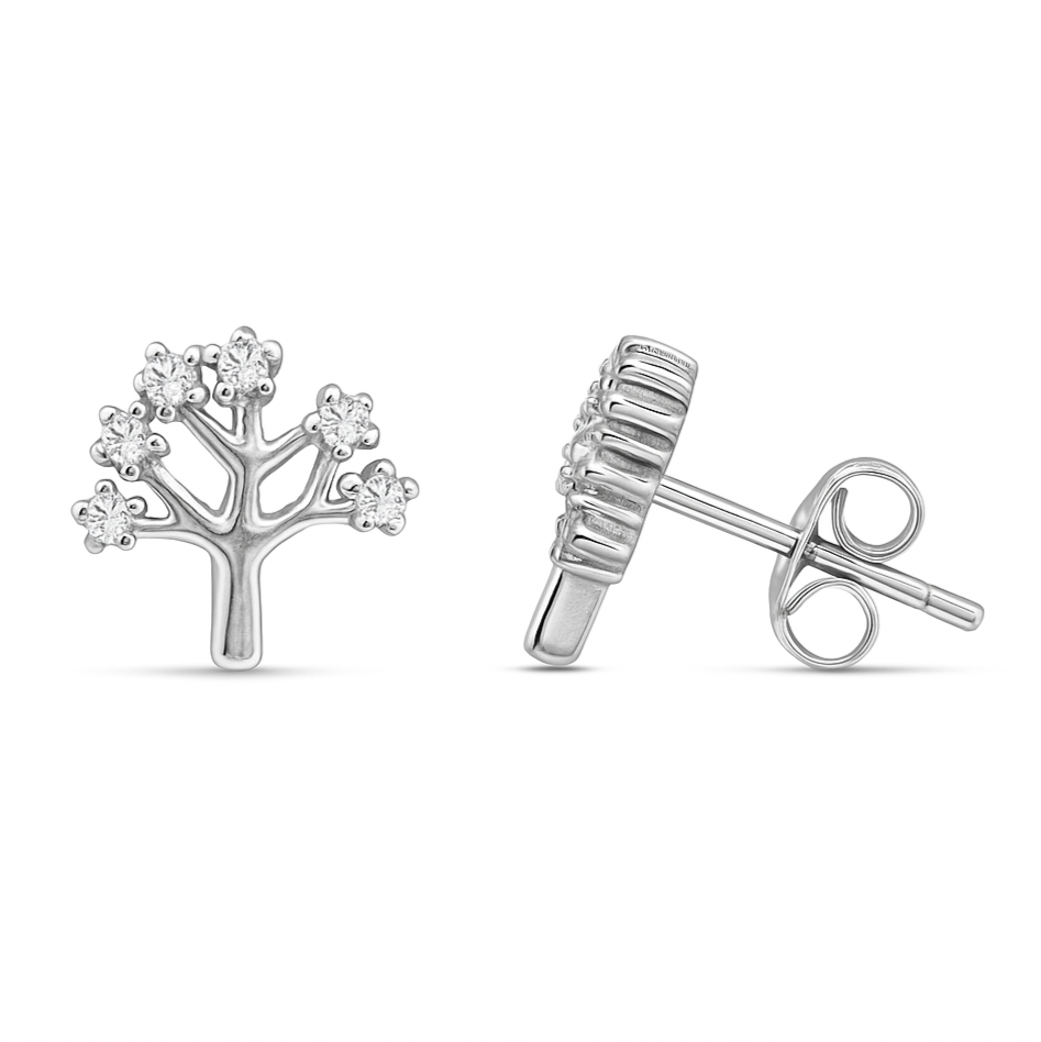 Sterling Silver CZ Tree Of Life Stud Earrings