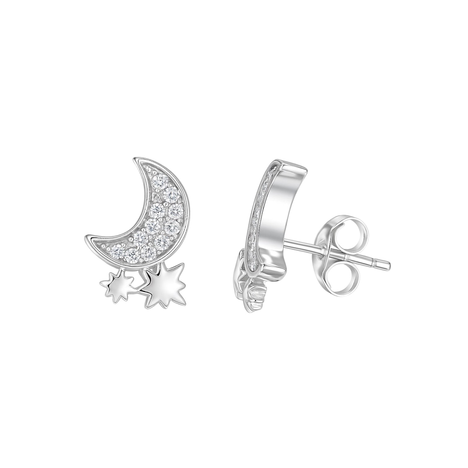 Sterling Silver CZ Crescent Moon & Stars Stud Earrings
