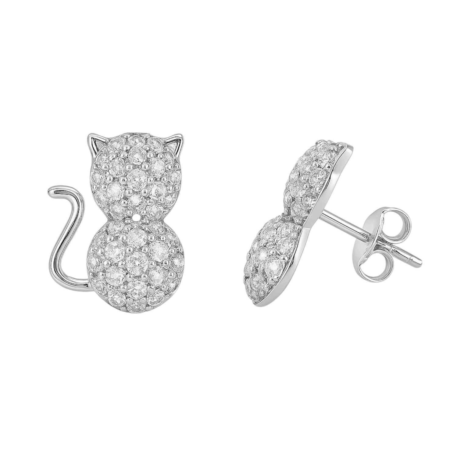 Sterling Silver CZ Cat Stud Earrings