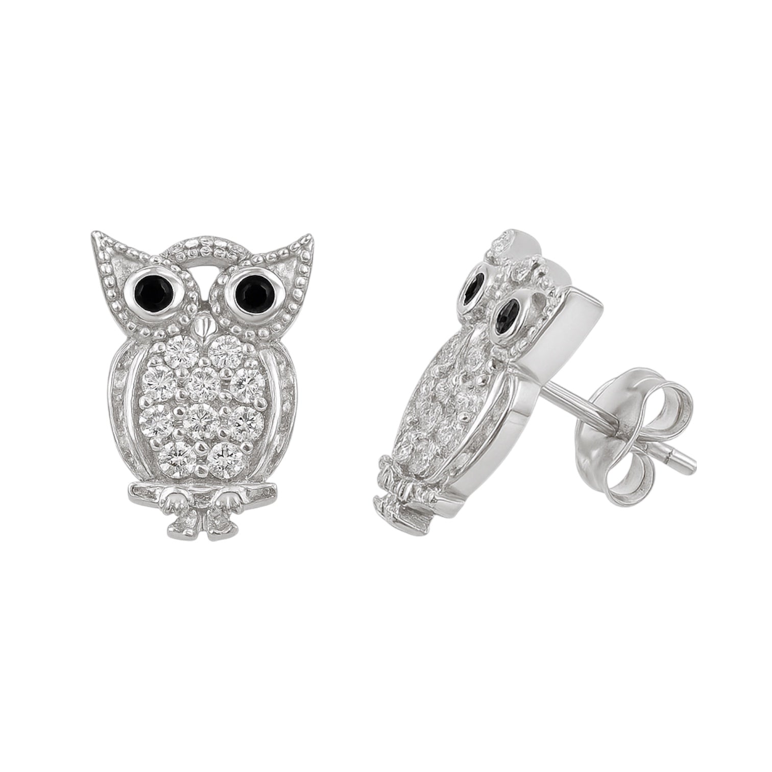 Sterling Silver CZ Black Eyed Owl Stud Earrings