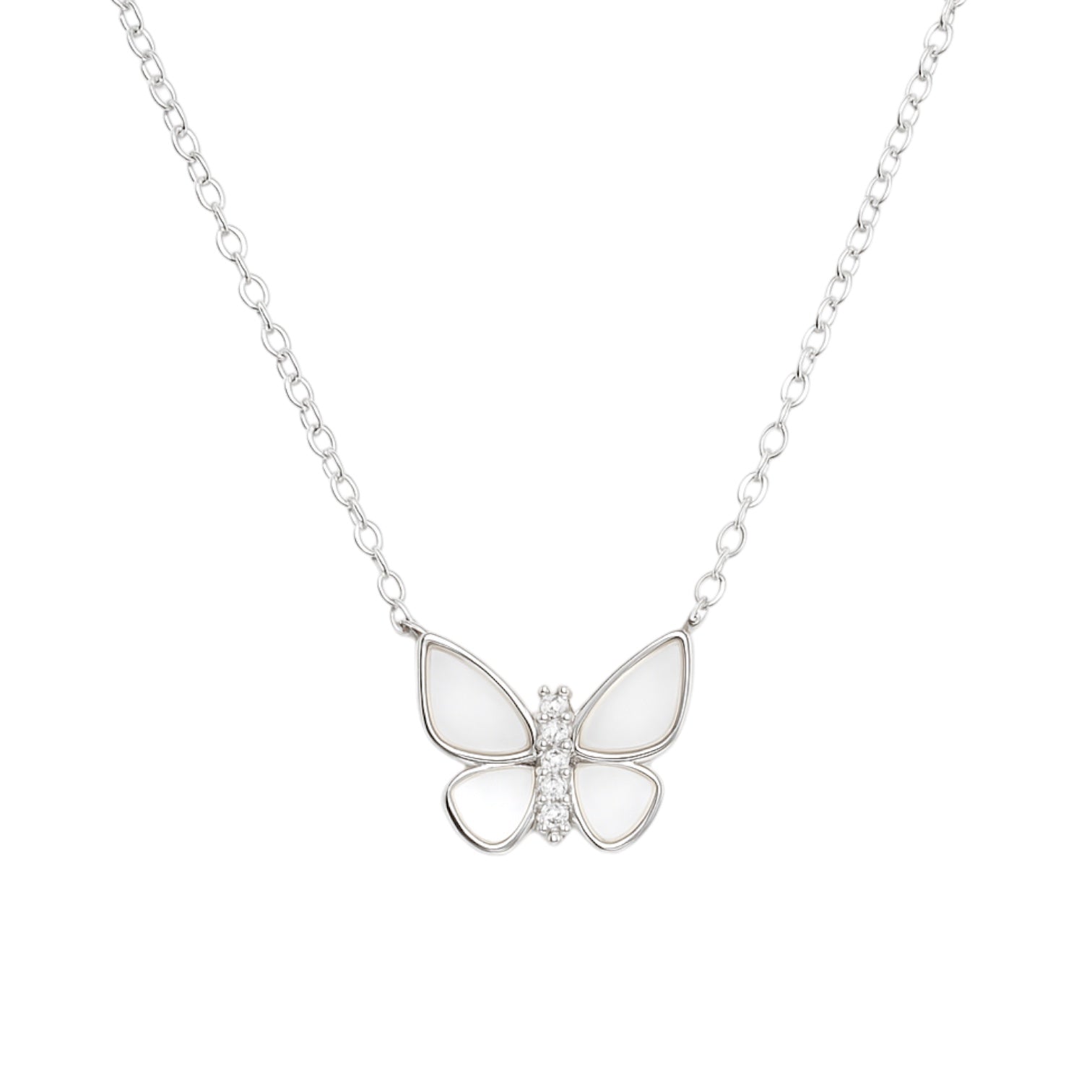 Sterling Silver CZ & Mother Of Pearl Butterfly Necklace