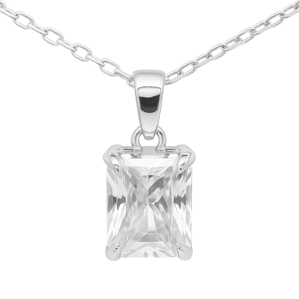 Silver necklace with a clear square-cut pendant on a white background