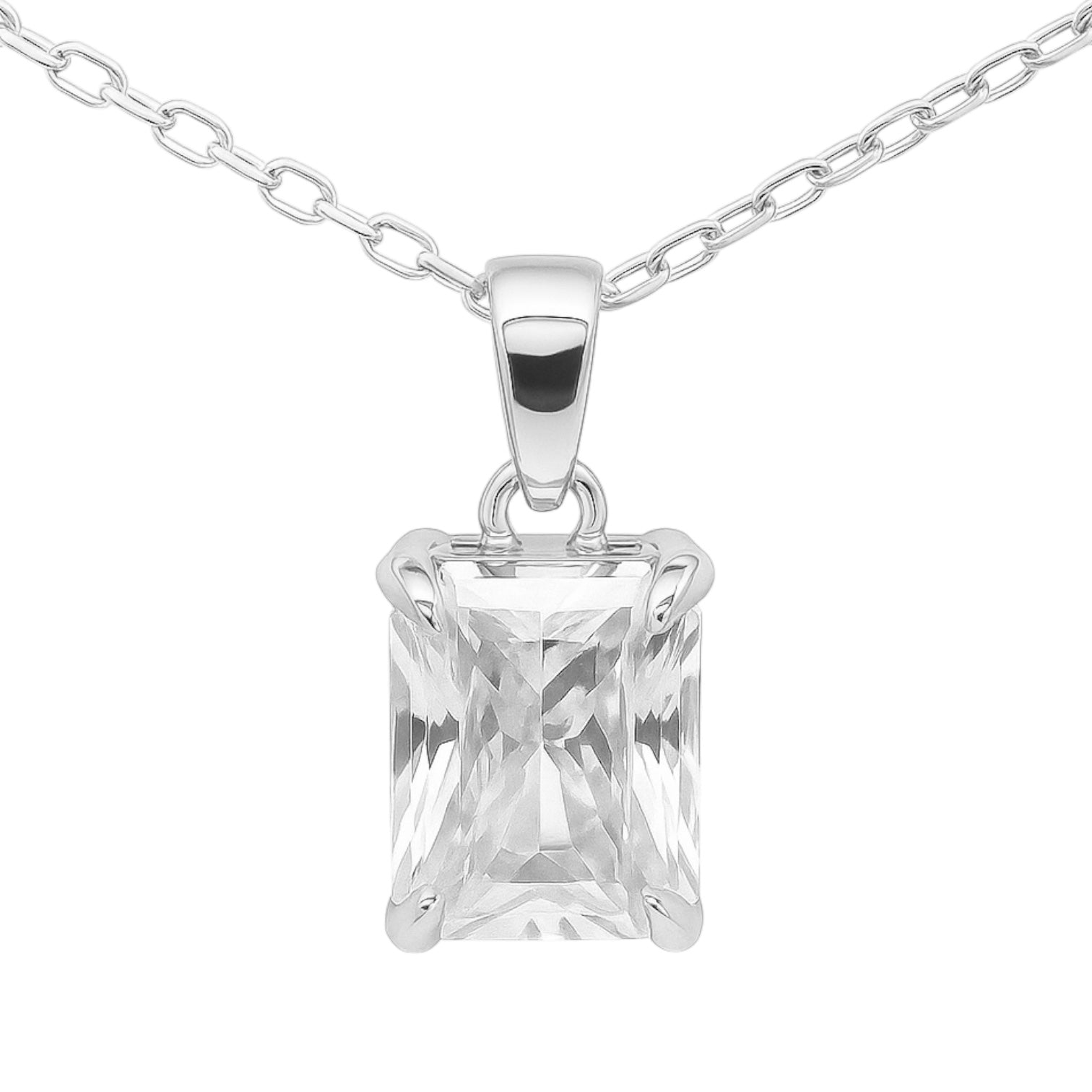 Silver necklace with a clear square-cut pendant on a white background