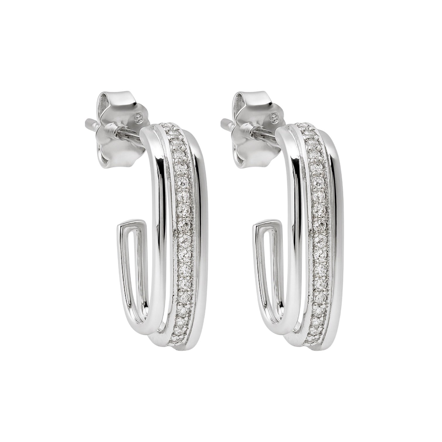 Sterling Silver Alternating Plain & CZ Pave Lines Oval Open Huggie Post Earrings