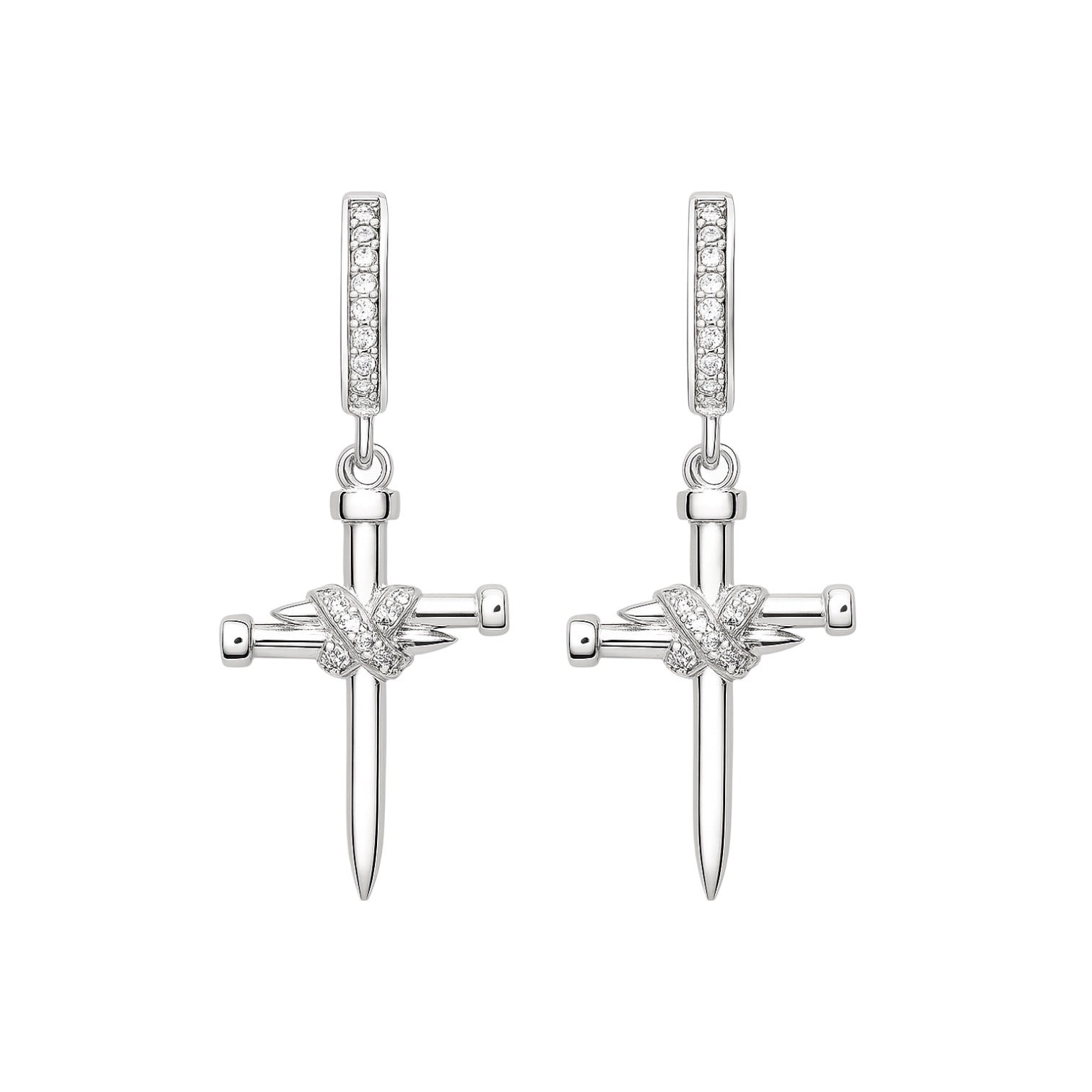 Sterling Silver Dangling CZ Nail Cross Huggie Earrings
