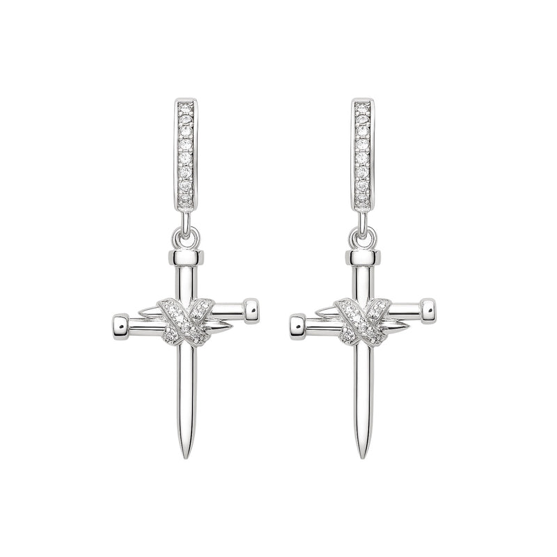 Sterling Silver Dangling CZ Nail Cross Huggie Earrings