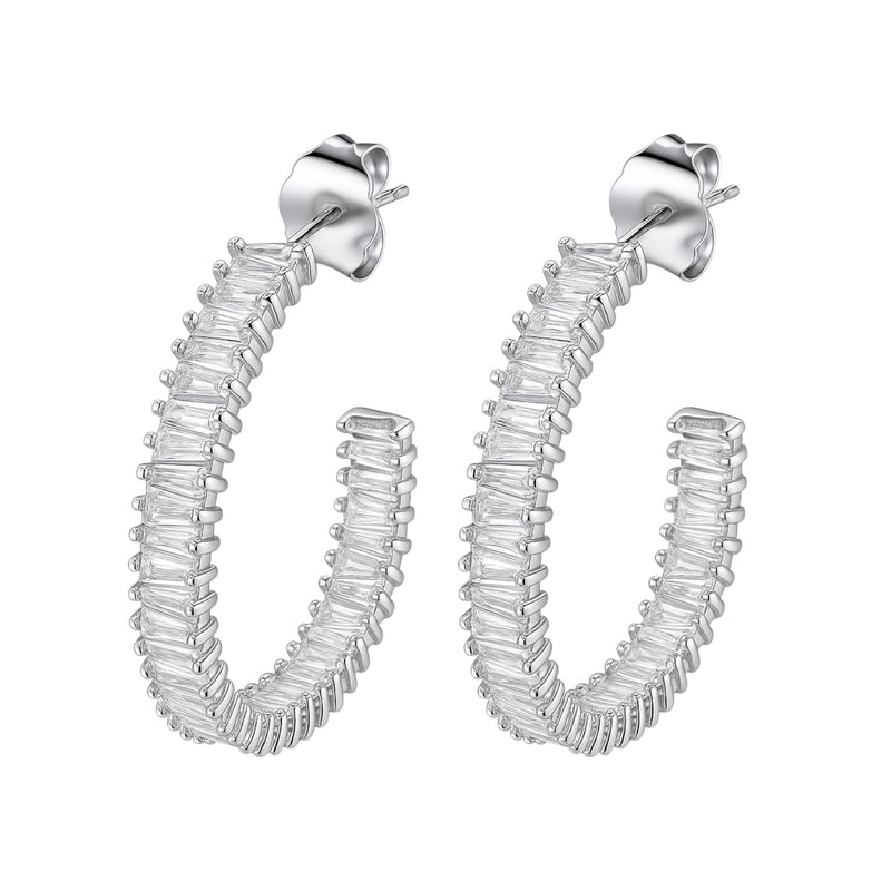 Sterling Silver Inside Out Baguette CZ Oval Open Hoop Earrings